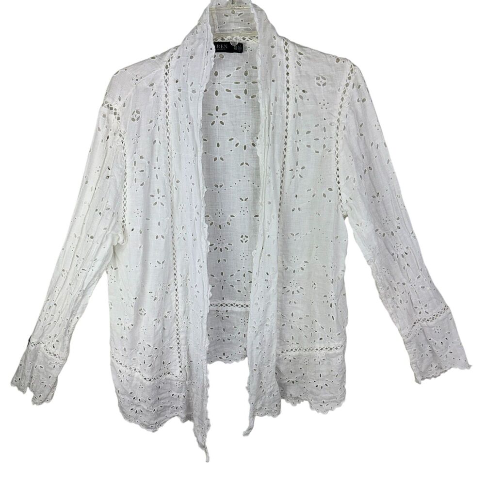 Lauren Ralph Lauren Lace Eyelet Embroidered Open Jacket Cardigan XXL White‎